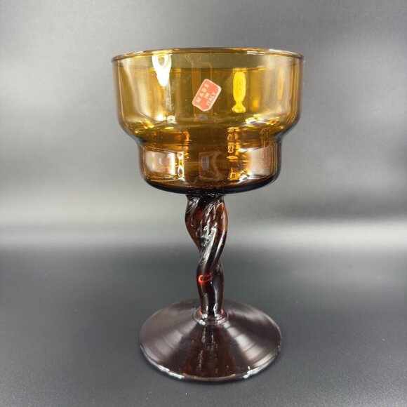 Vintage 1970s Empoli Italian Glass Amber Twisted Stem Compote Cup Venetian Glass - Picture 8 of 9